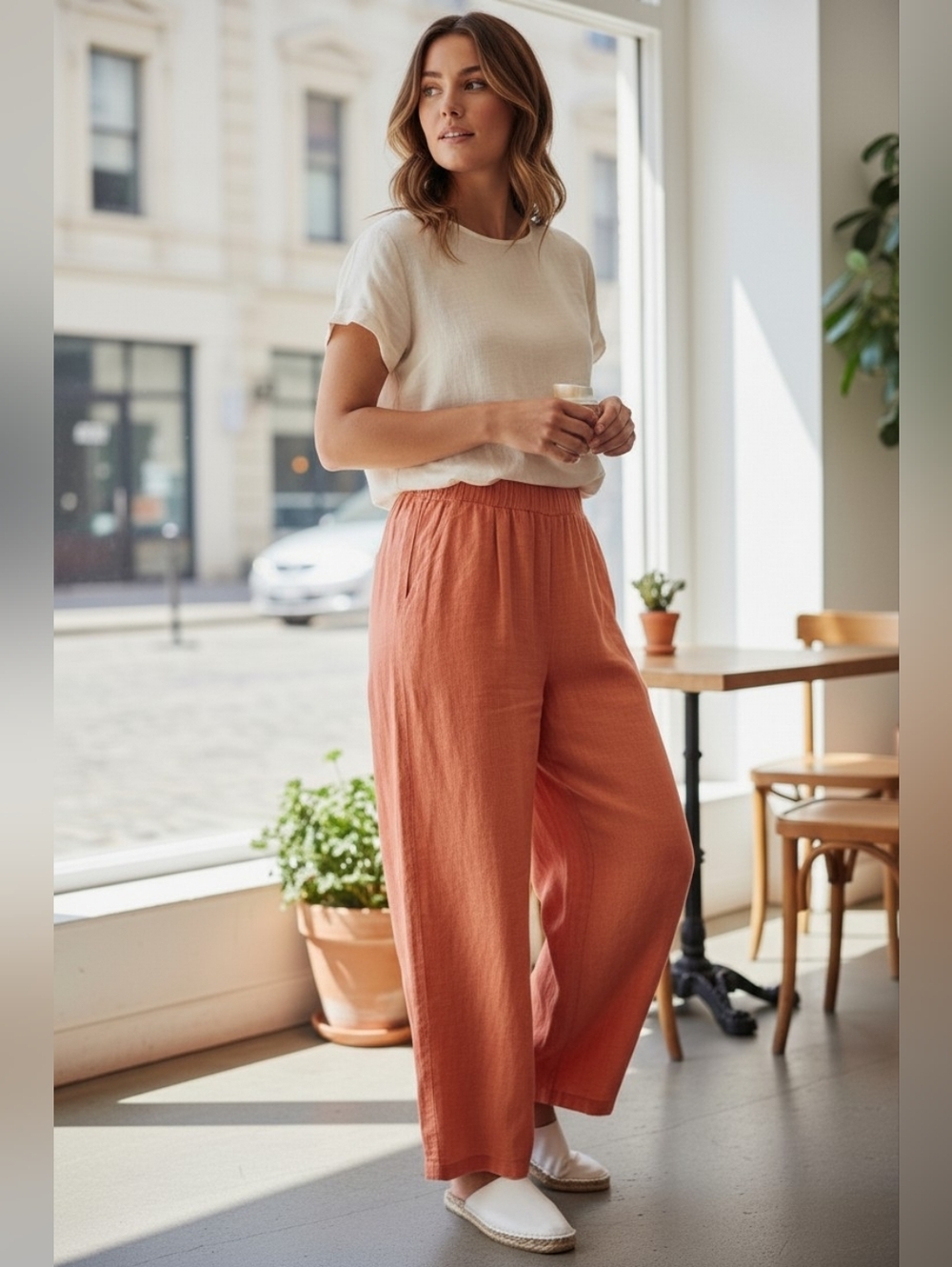 Eloquii Linen Pants Orange Easy Wide Leg Elastic Waist Pockets Size 26 NWT